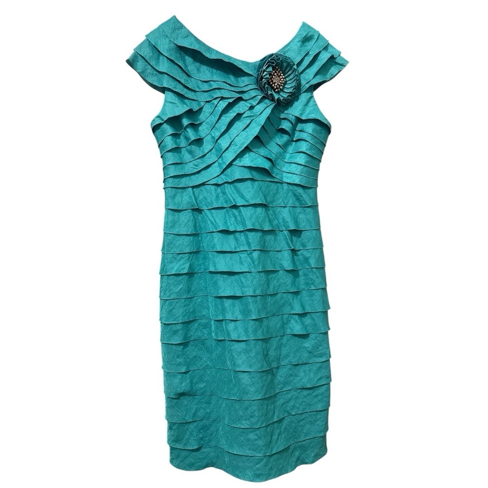 London Times Tiered Off Shoulder Sea Blue Dress w/ Rosette- Minor Fraying